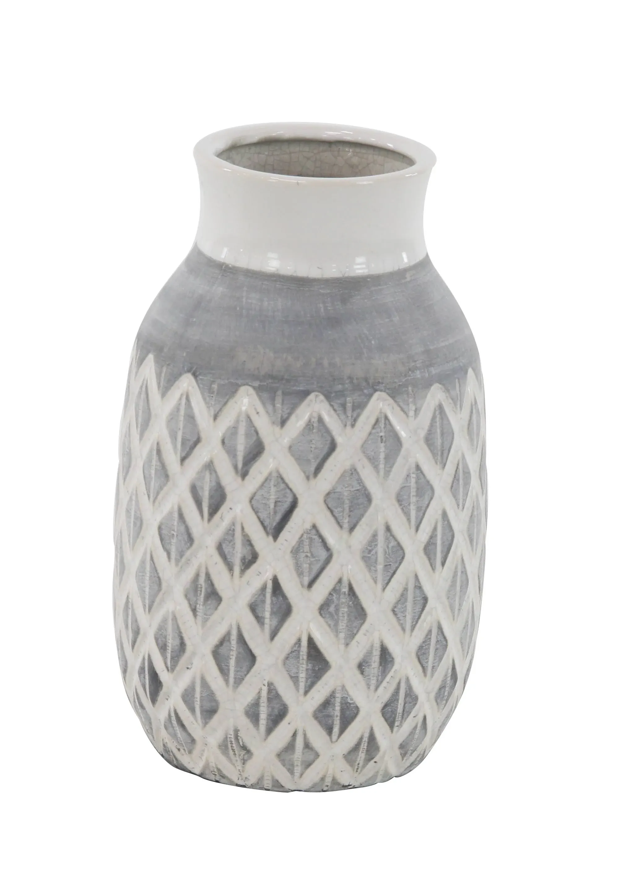 Marisol + Daisy Coastal 13" Ceramic Vase with Diamond Pattern - White/Gray