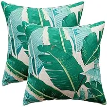 Pack of 2 Banana Leaves Pillow Covers Cotton Linen Tropical Palm Leaves Cushi...