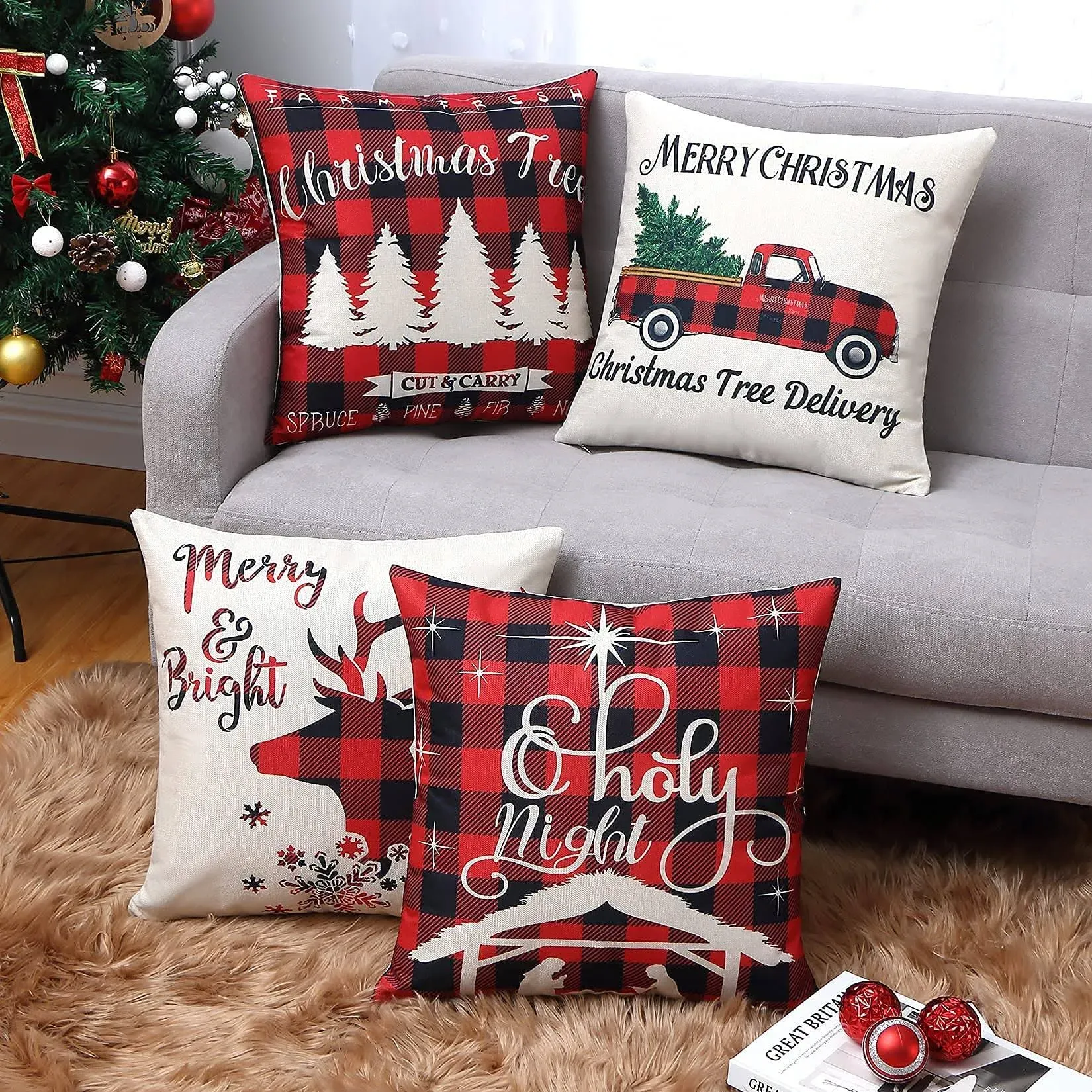 Christmas Decor Pillow Covers 18 X 18 Inches Set Of 4 Black And Red Buffalo Plai