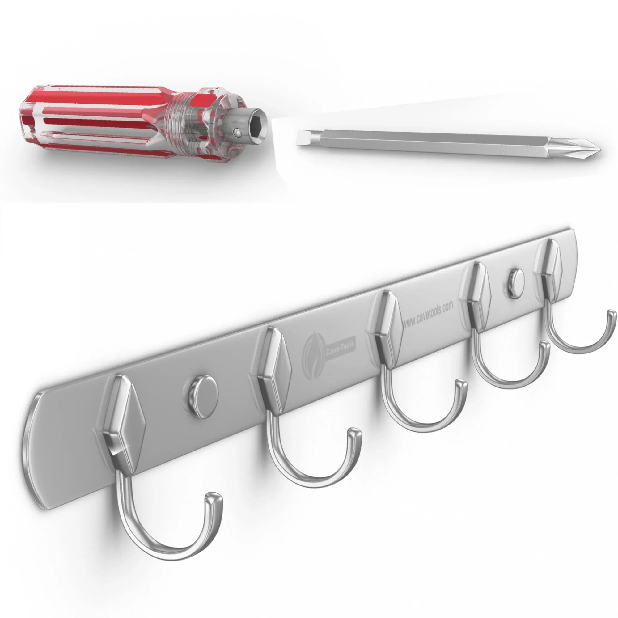 Cave Tools Multi-Use Hook Rack for BBQ Utensils and Grill Accessories - 5 Wall Hooks Rail + Screwdriver