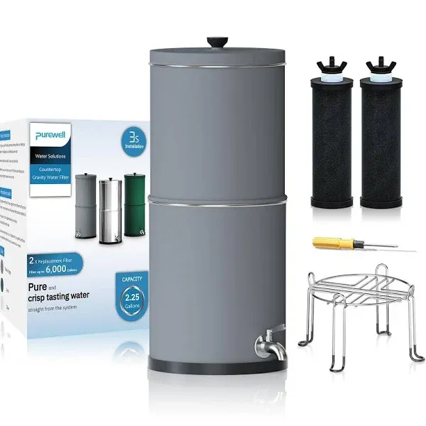 Purewell 3-Stage 0.01μm Ultra-Filtration Gravity Water Filter System, 304 Stainless Steel Countertop System with 2 Filters, Metal Water Level Spigot and Stand, Reduce 99% Chlorine, 2.25G, PW-OB-K