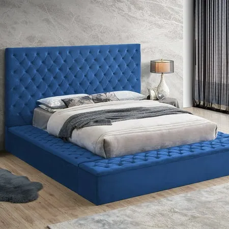 Better Home Products Cosmopolitan Velvet Upholstered Platform King Bed in Blue