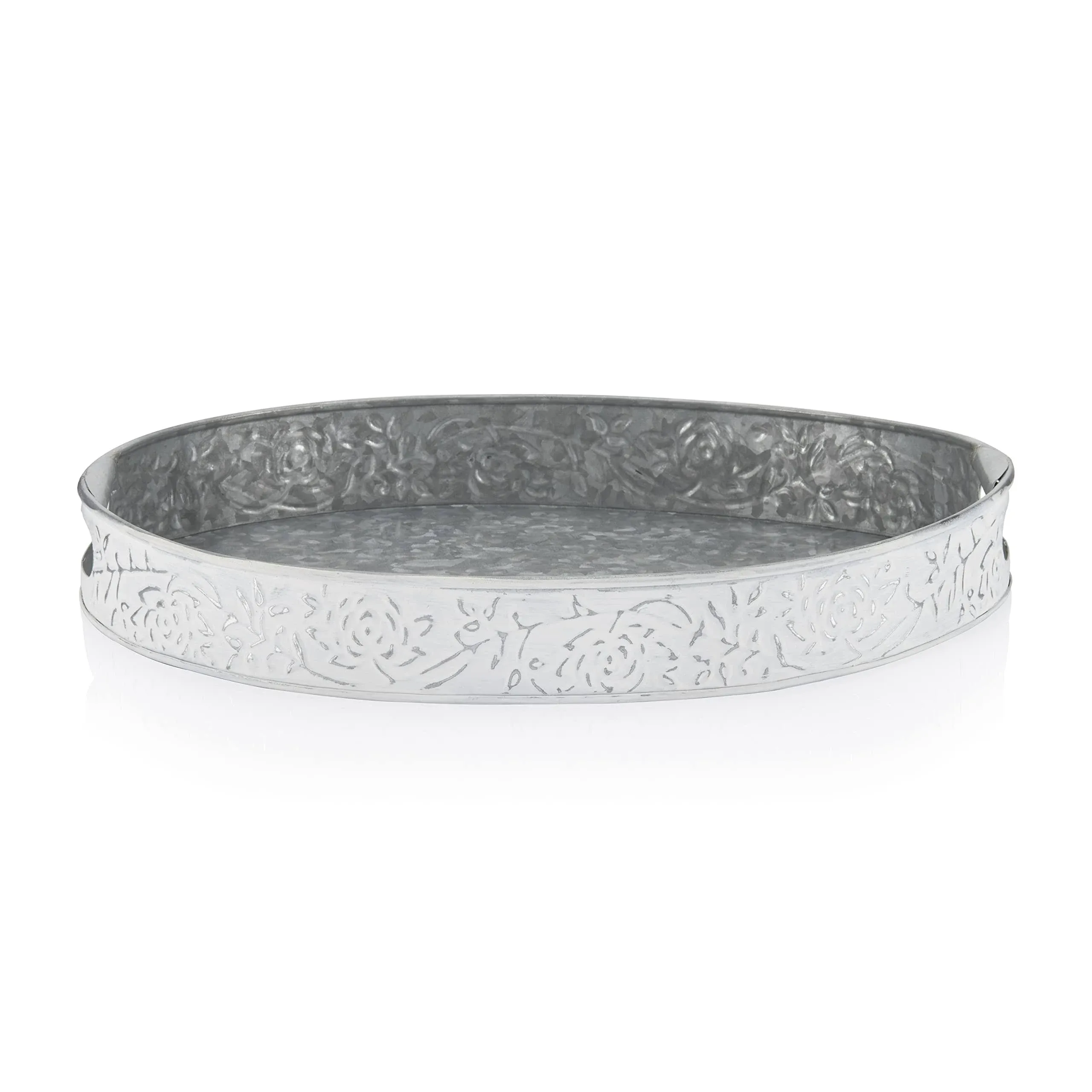 Galvanized White Washed Farmhouse Serving Tray for Ottoman, Coffee Table, Centerpiece Decor – Distressed Round Iron Metal Tray with Handles & Vintage Floral Pattern