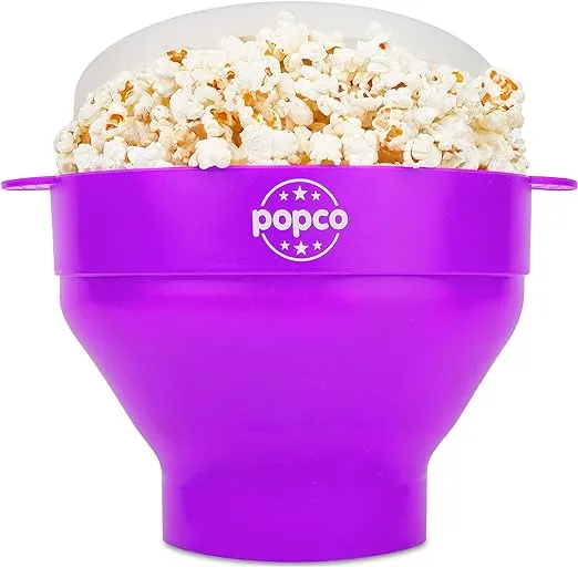 POPCO Silicone Microwave Popcorn Popper with Handles, Silicone Popcorn Maker, Collapsible Bowl Bpa Free and Dishwasher Safe - 15 Colors Available (Purple)