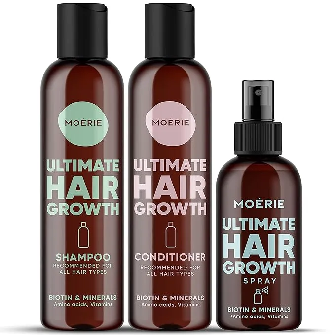 Moerie Shampoo and Conditioner Plus Hair Mask and Spray Mega Pack – The Ultimate Growth Care – For Longer, Thicker, Fuller Hair - Volumizing Products – Paraben & Silicone Free (Set of 4)