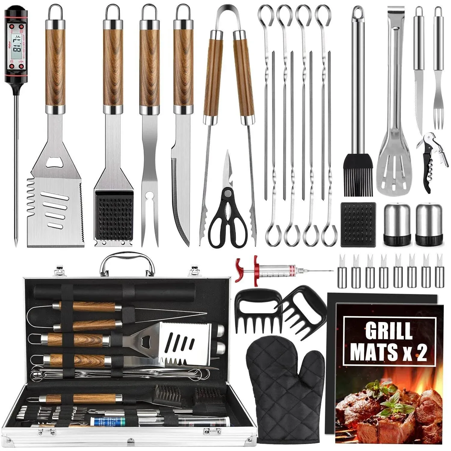 Cifaisi BBQ Grill Utensils Set for Camping/Backyard, 38Pcs Stainless Steel Grill Tools Grilling Accessories with Barbecue Mats, Aluminum Case, Thermometer for Men Women