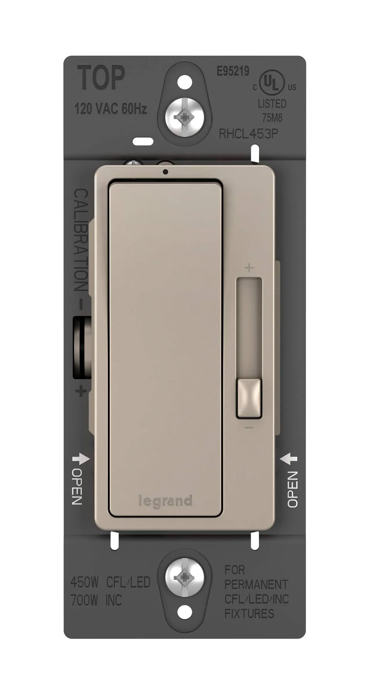 Legrand - Pass & Seymour Radiant Dimmer Light Switch, Single Pole Dimmer Switch and 3 Way Rocker Wall Switch, Brushed Nickel Preset Paddle Dimmer, RHCL453PNICCV4, 1 Count