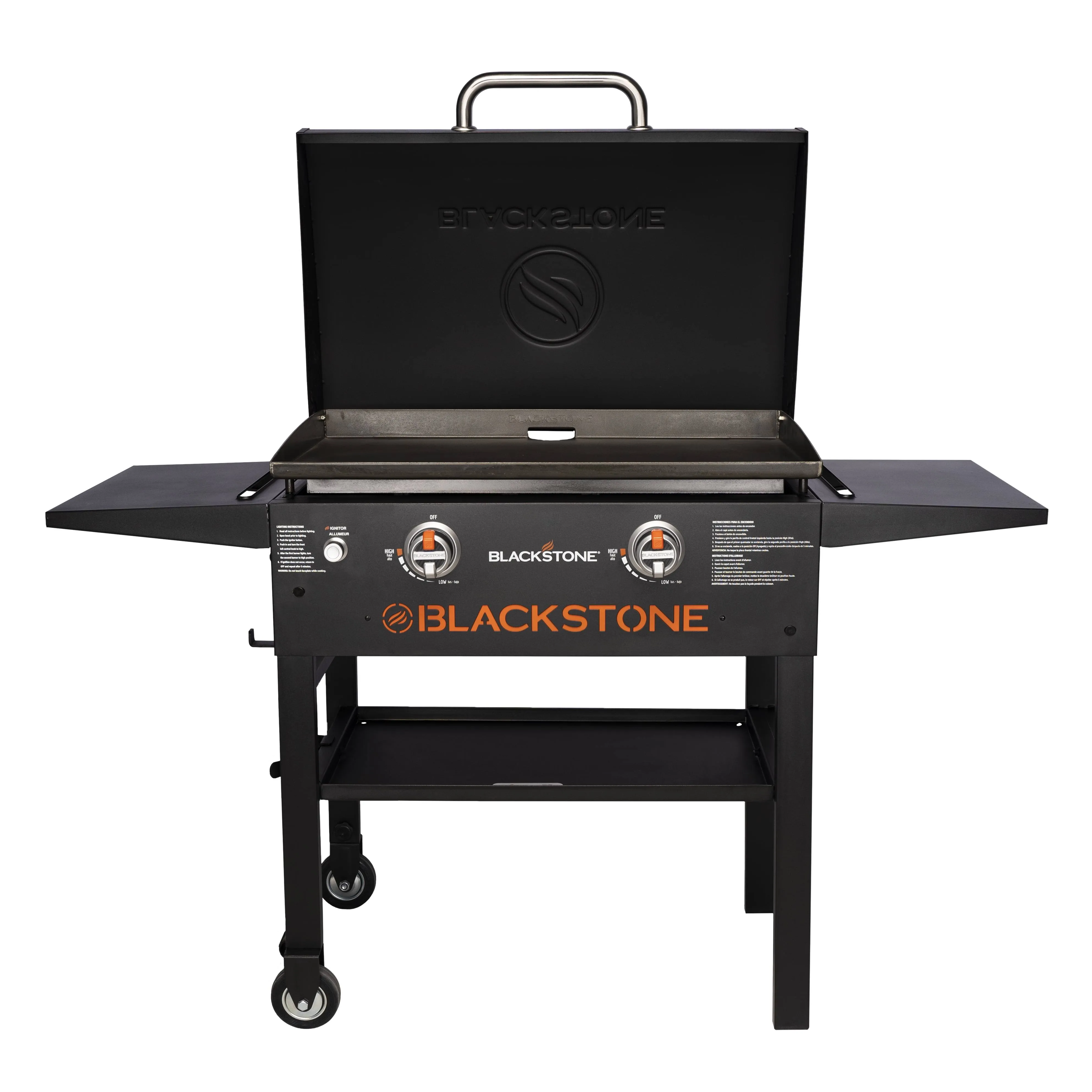 Blackstone 1883 Original 28” Griddle with Integrated Protective Hood and Counter Height Side Shelves, Powder Coated Steel, Black