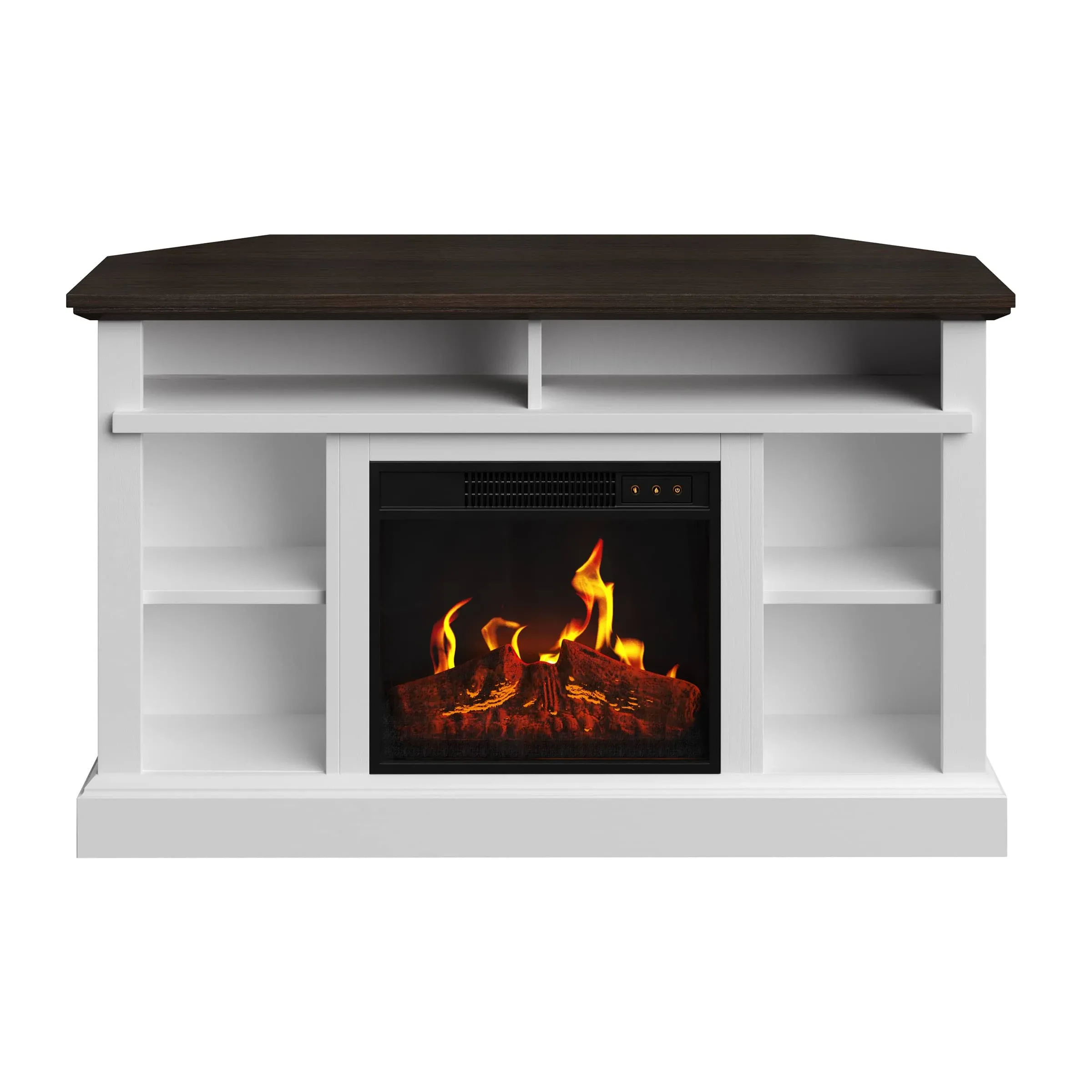 Northwest Corner TV Stand with Electric Fireplace Fits 55-Inch TVs - Console with Storage Cabinet, Remote, Adjustable Heat, and LED Flames (White)