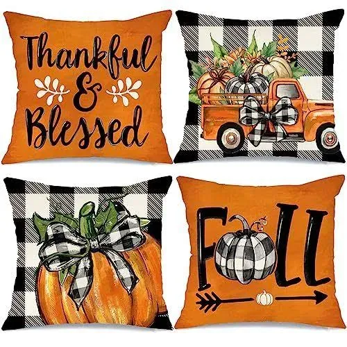 GEEORY Fall Decorative Throw Pillow Covers 18 x 18 Inch Set of 4, Pumpkins Thankful Blessed Buffalo Plaid Fall Decor Outdoor Farmhouse Pillow Cases for Home Couch (Orange Color) G337-18