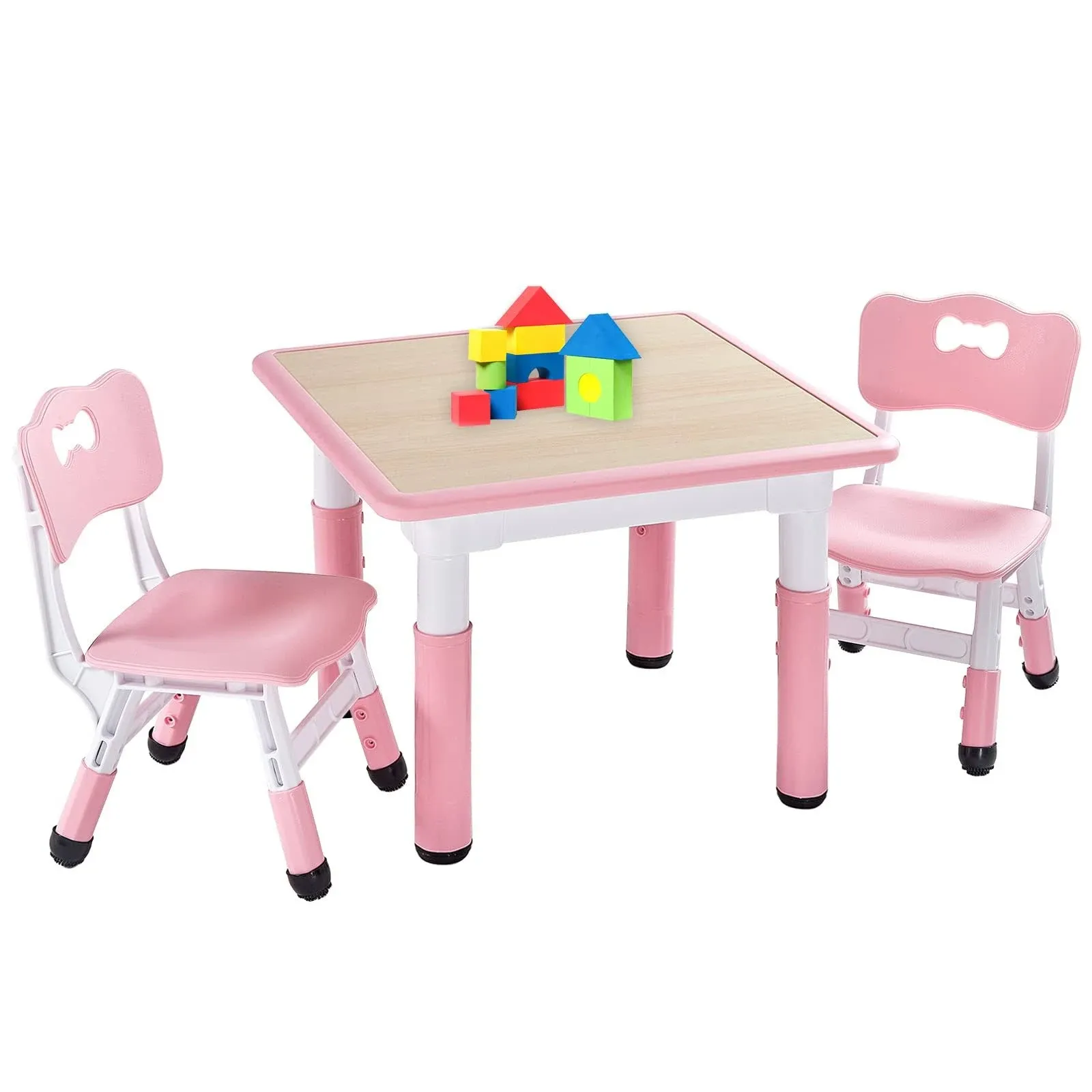  Kids Table and 2 Chairs Set, Height Adjustable Toddler 23.5in*23.5in Natural