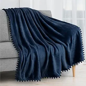 Navy Blue Throw Blanket Pom Pom for Couch Soft Fleece Cozy Pompom Fringe Sofa...