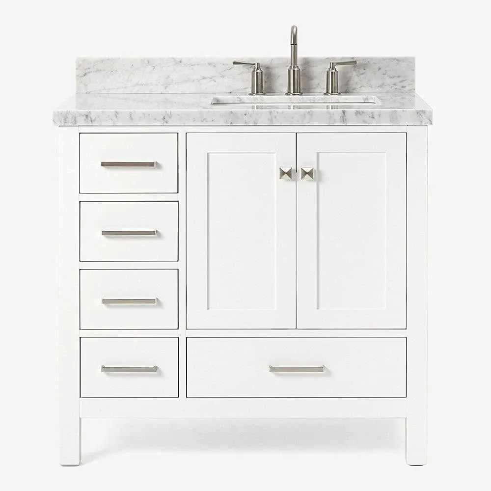 ARIEL Cambridge 37" Bathroom Vanity with Sink, White Bathroom Cabinet, Carrara Marble Top 1.5-Inch Edge, Solid Wood, Right Rectangular Undermount Sink, 2 Soft Closing Doors, 5 Drawers