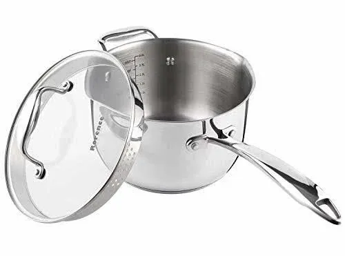 Rorence Stainless Steel Saucepan Sauce Pan with Pour Spout & Glass Lid with Strainer - 3.7 Quart