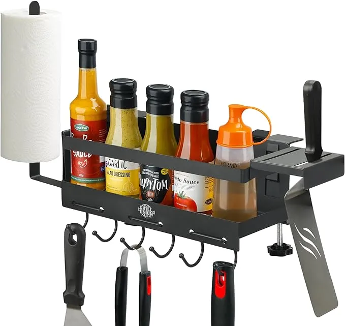 Grill Griddle Caddy for Blackstone Griddle Accessories Storage, Space Saving Grill Accessories Tool Holder, BBQ Accessories Organizer Box for 28'' 36'' Blackstone Griddle, No Drill (w/spatula shelf)