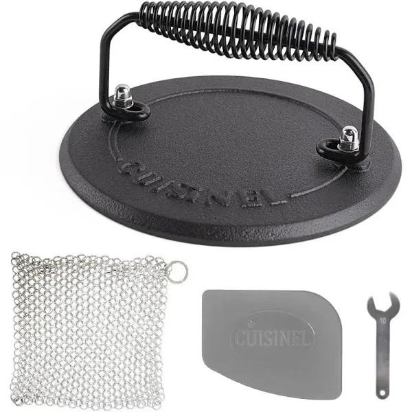 Grill Press + Chainmail Scrubber + Scraper Cast Iron Burger Bacon Steak Hamburge