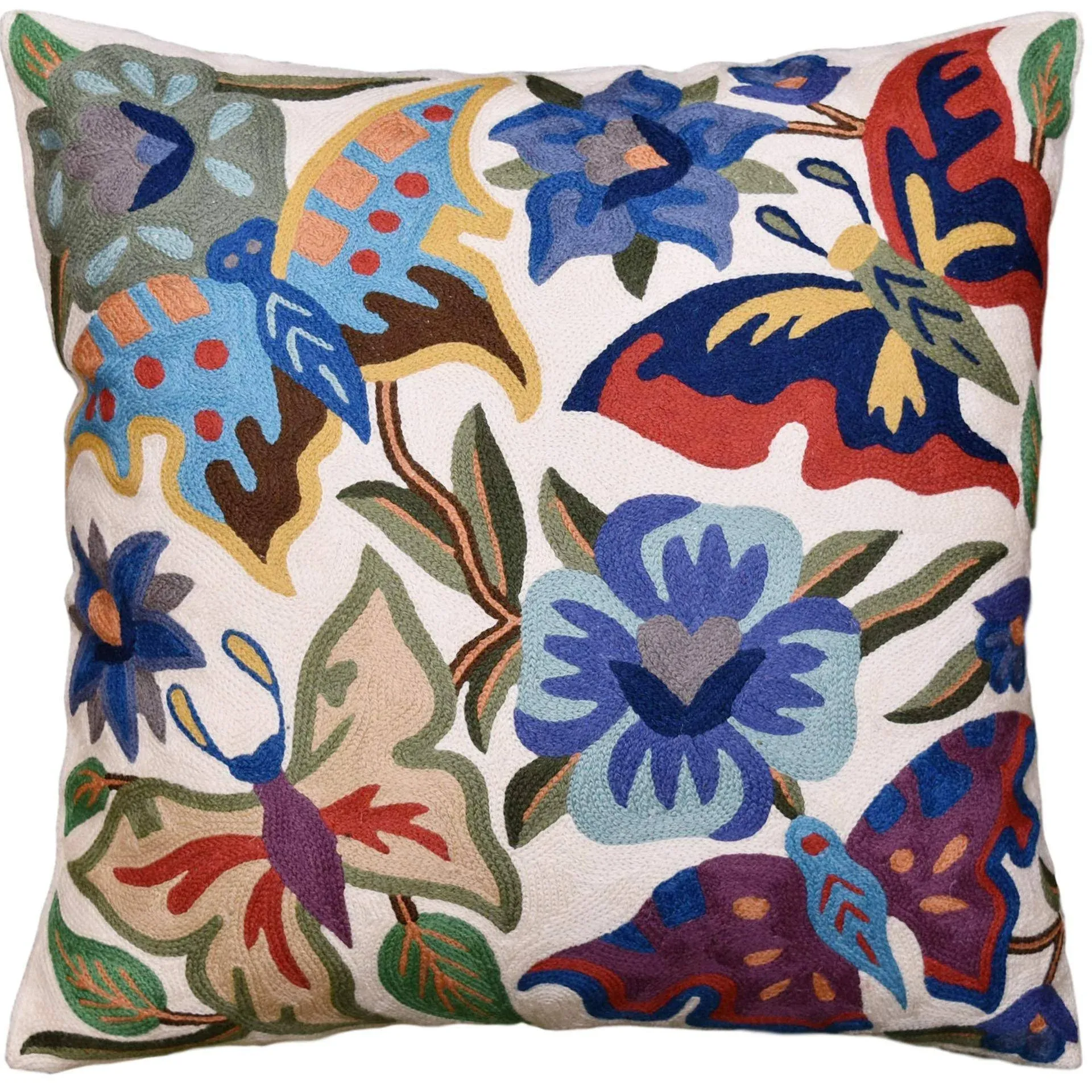 Suzani Butterfly Decorative Pillow Cover Floral Garden Handmade Wool 18x18 - Contemporary - Decorative Pillows - by Kashmir Fine Arts & Crafts | Houzz