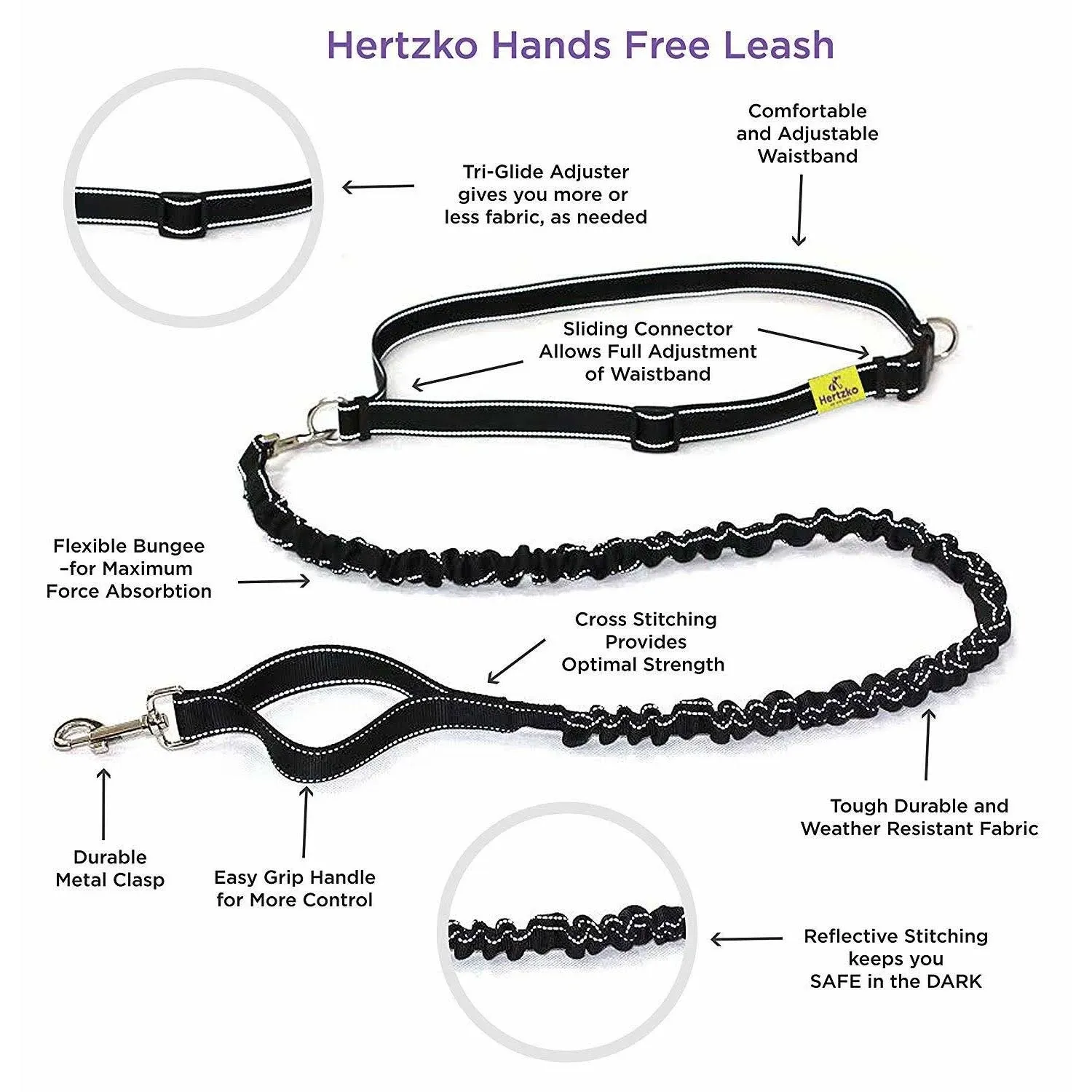 Hands Free Dog Leash by Hertzko – Great Running Leash for m=Medium to Large Dogs - Strong, Durable and Weather Resistant Nylon Bungee Leash (36 inches Bungee)