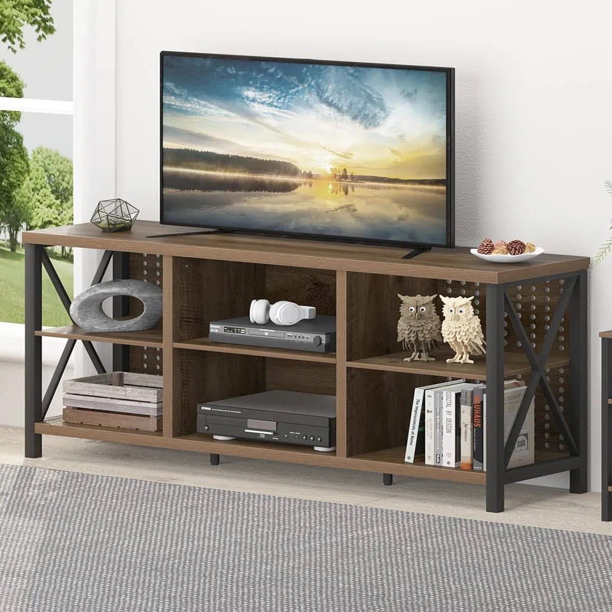 LVB TV Stand for 75 Inch TV, Large Industrial Rustic Entertainment Center with Storage Shelves, Long Modern Wood Metal Television Stand with TV Table Cabinet for Home Living Bedroom, Rustic Oak, 63 In