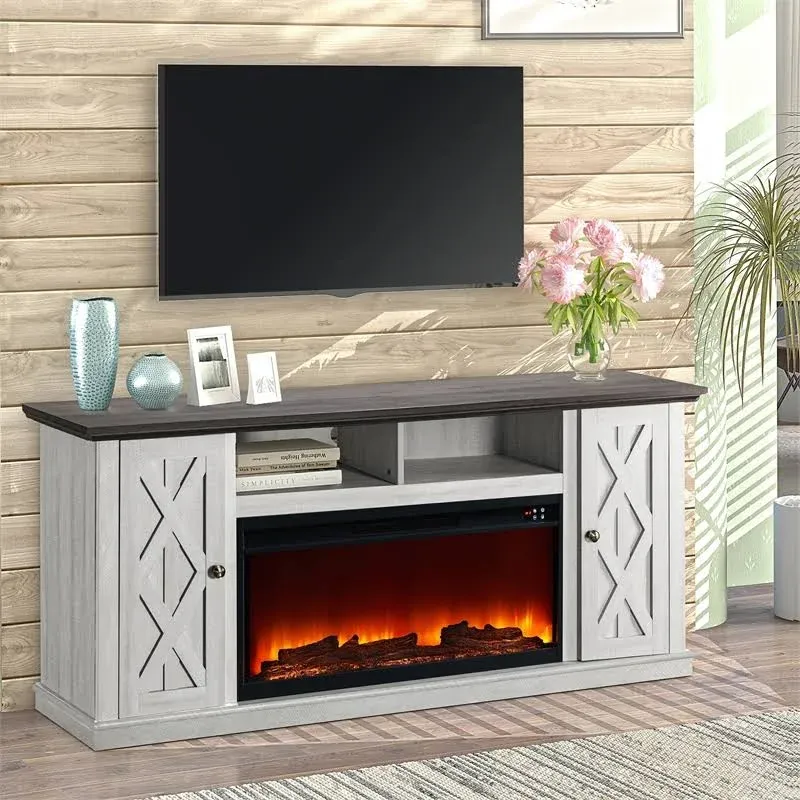 LIVILAND 2-Door TV Stand Media Console for TV up to 75" w/ Fireplace - Off White