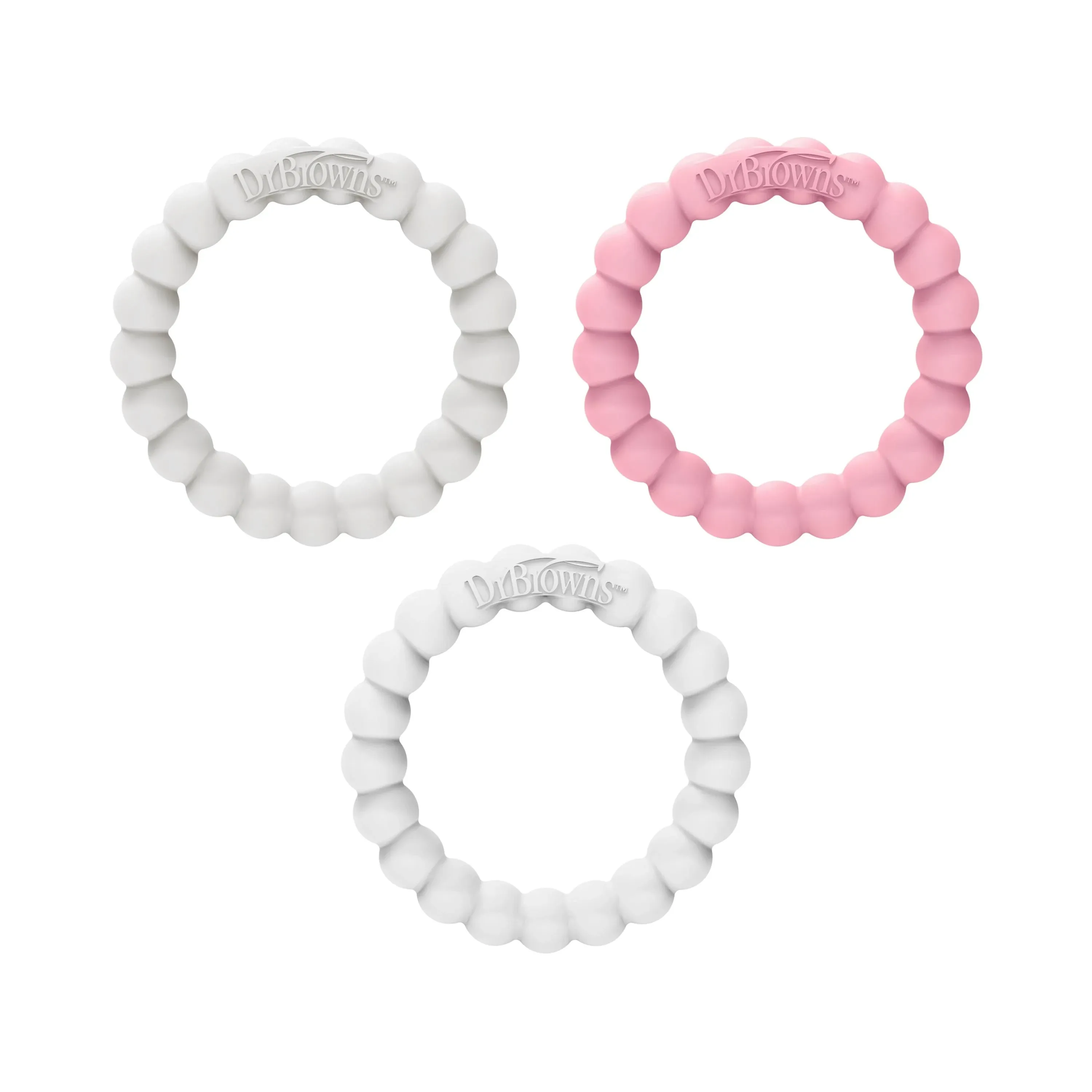 Dr. Brown's Flexees Beaded Teether Rings, 100% Silicone, Soft & Easy to Hold, Encourages Self-Soothe, 3 Pack, Pink, White, Gray, BPA Free, 3m+