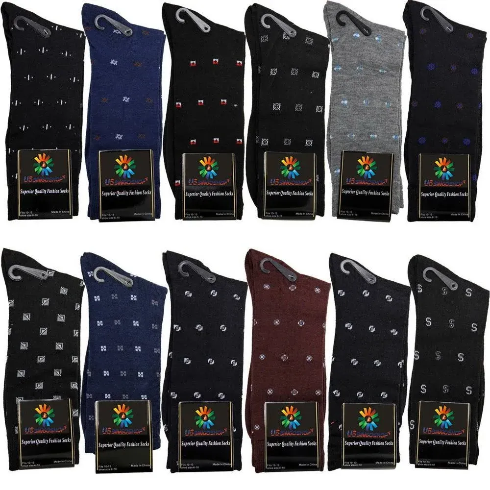 Usbingoshop 12 Pairs Men's Argyle Fashion Cotton Casual Dress Socks Soft Crew ...