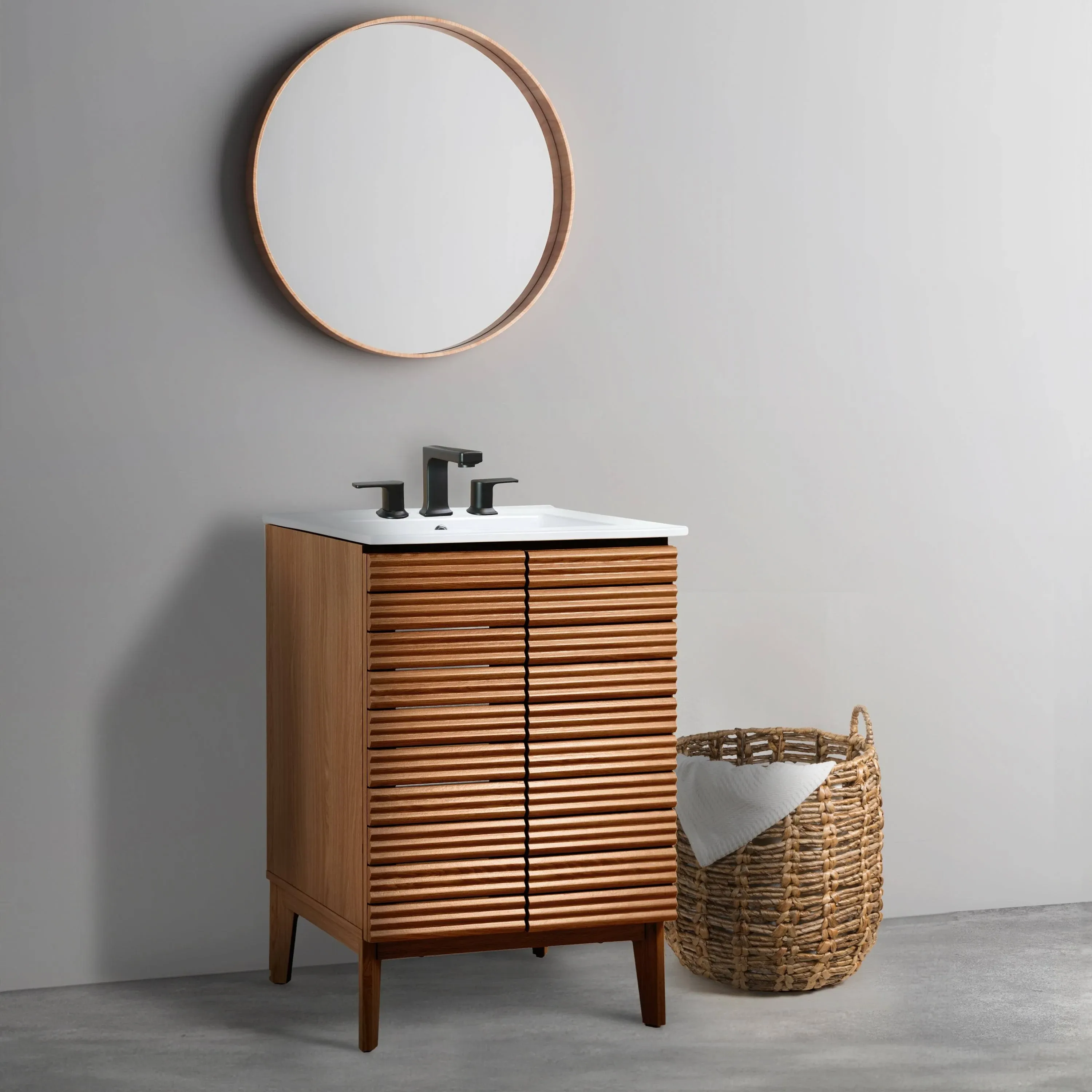 JONATHAN Y VAN1007A Calandre 36 in. W x 18 in. D x 33 in. H Thin Linear Slat Modern Farmhouse 2-Shelf Bath Vanity Cabinet Only (Sink Basin not Included), Oak