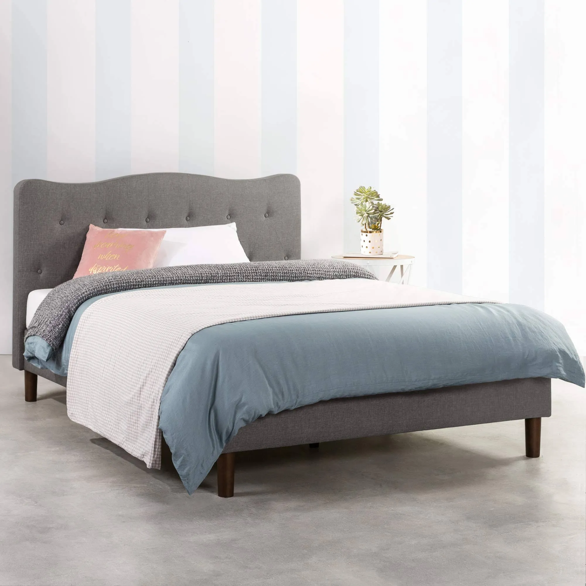 Mellow Janne Upholstered Platform Bed Modern Tufted Headboard Real Wooden Slats ...