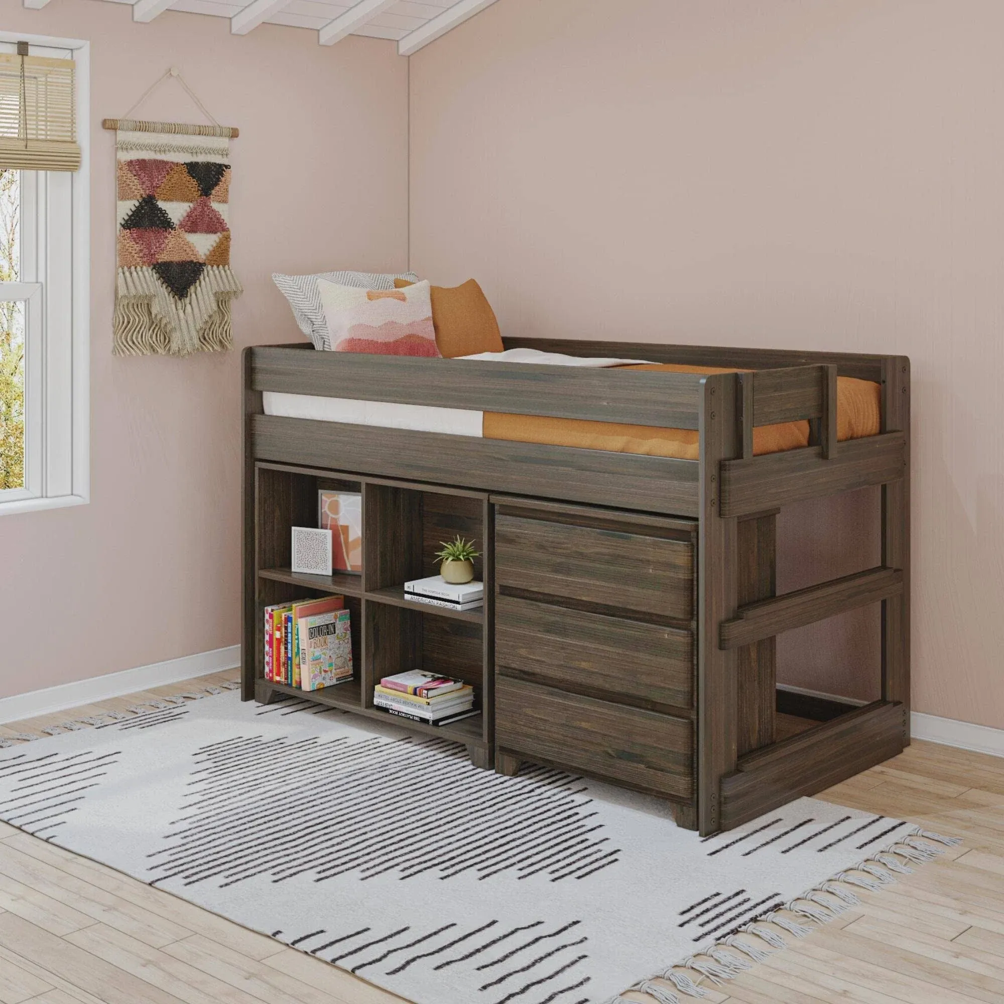 Modern Farmhouse Twin-size Low Loft Bed with 3-Drawer Dresser and 4-Shelf ...