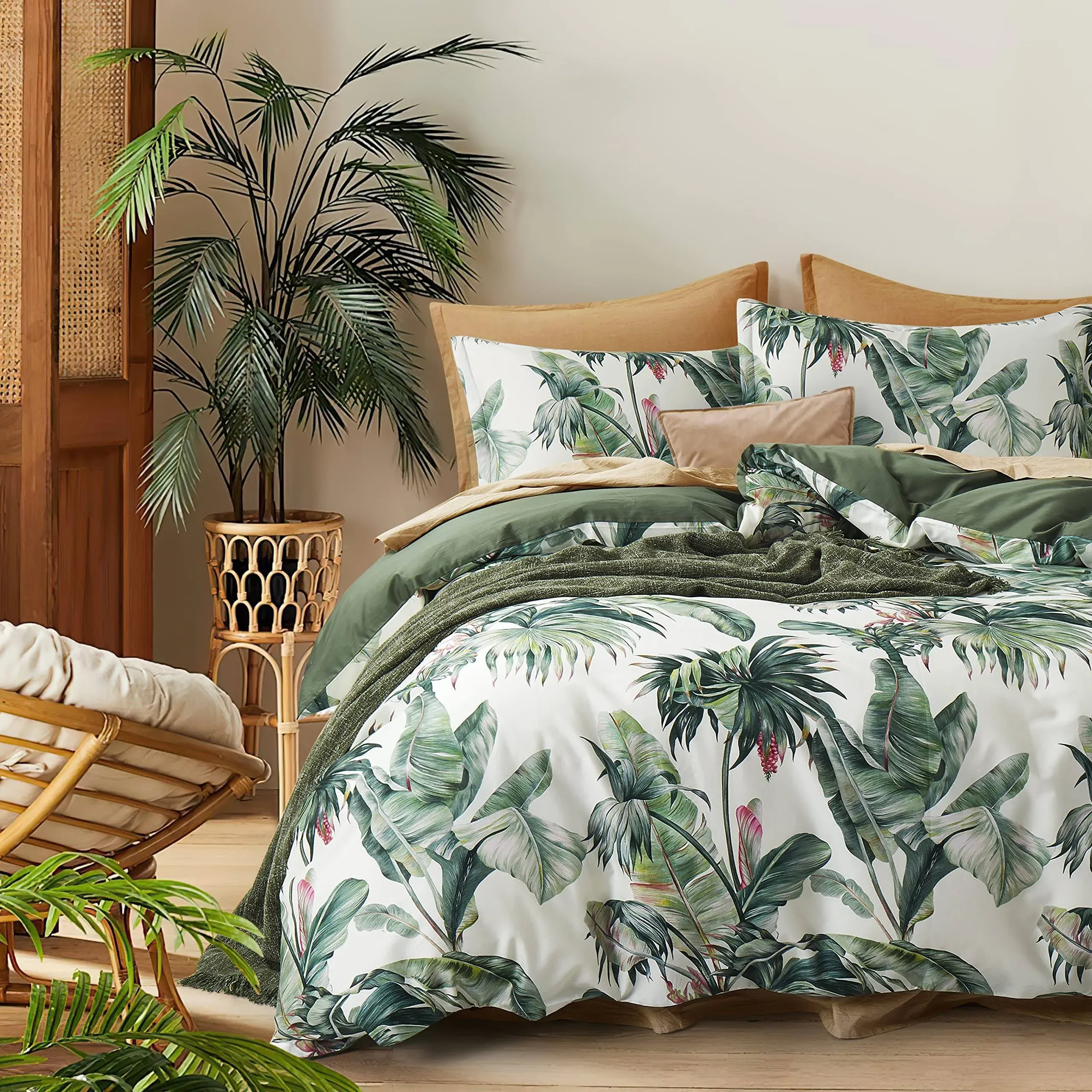 Fresh Palm Leaf Foliage Tropical Chic Plants Modern Botanical Nature Palma Bedding Verdant Greens Cotton Duvet Cover Set Boho Vibe Exotic Paradise Island Flower Tree (Super King, Rainforest)